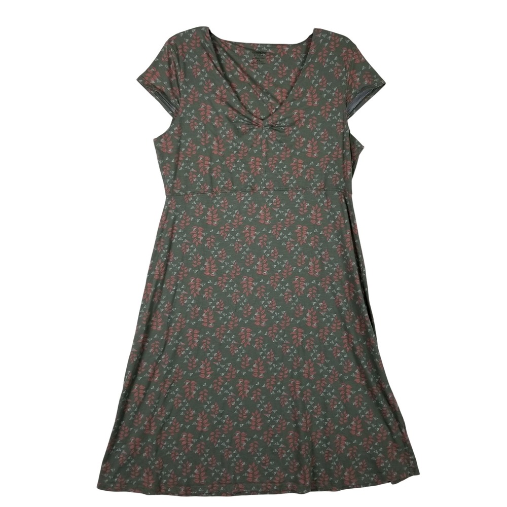 Toad&Co A-Line Dress Womens XL Olive Green Leaf Print Organic Cotton Tencel